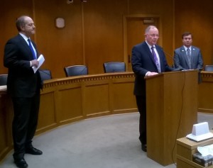 Sen. Padden appears at a news conference Thursday announcing the decision of the Senate Law and Justice Committee to seek a subpoena. He is flanked by Sen. Steve O’Ban, R-Pierce County, left, and Senate Majority Leader Mark Schoesler, R-Ritzville, right.